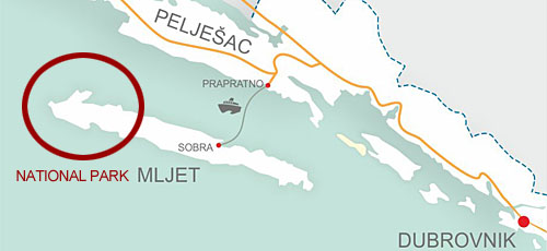 Prapratno to island Mljet car ferry map